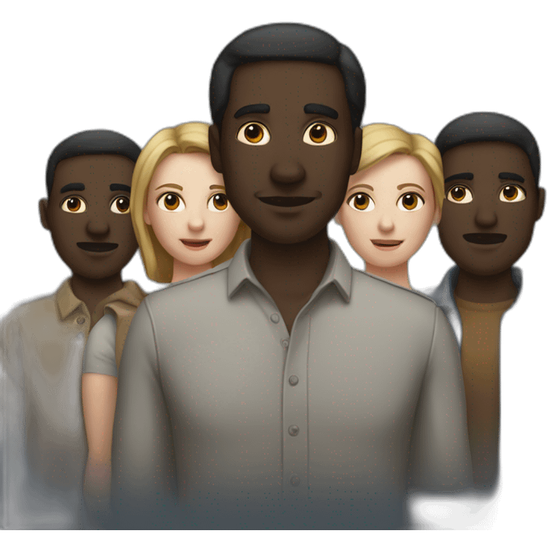 six dark-skinned men stand behind a pale woman emoji