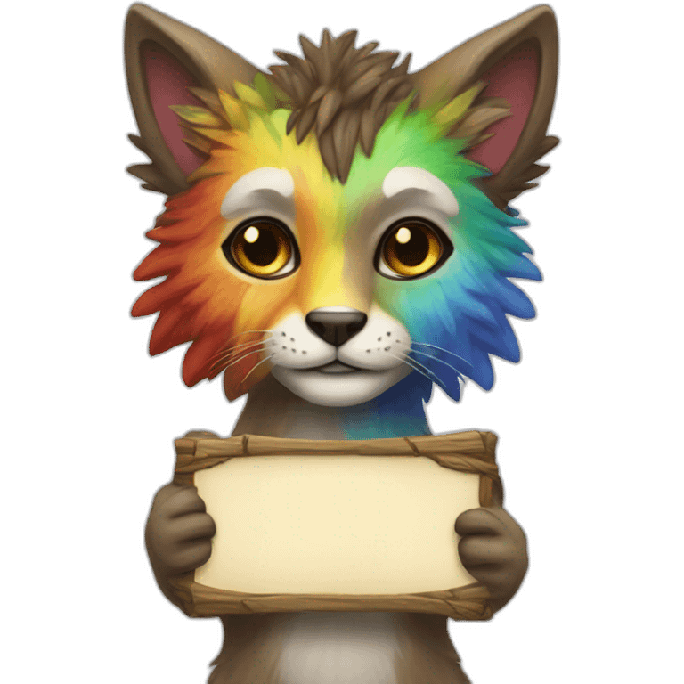 Feral Druid with rainbow fur holding up a sign emoji