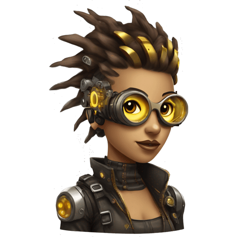 Brown with yellow streaks Mohawk hair female cyborg head, tan skin, steampunk goggles and circuits emoji