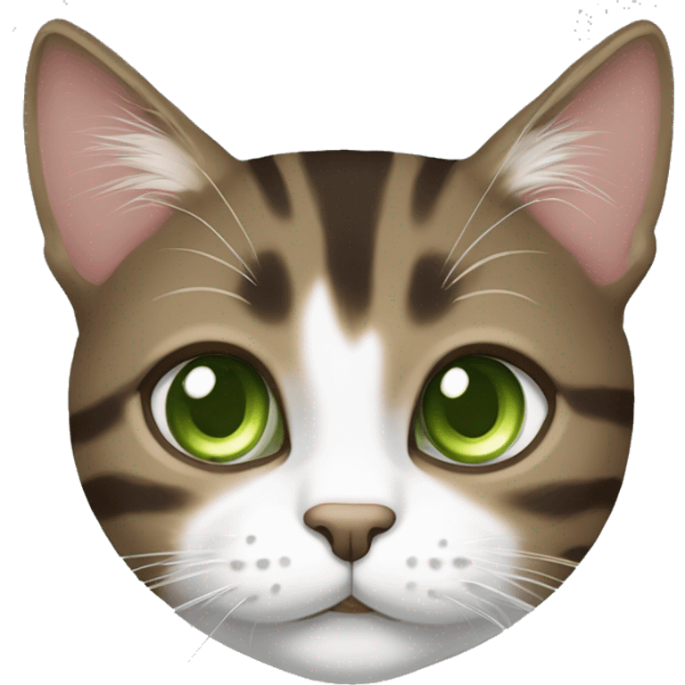 Brown mackerel tabby cat with partially white face and green eyes emoji