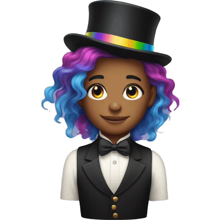 Nonbinary kid with rainbow hair and top hat  emoji