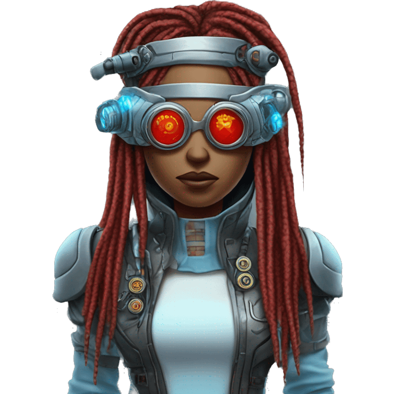 Light blue long dreadlocks female cyborg head with red steampunk goggles and circuits emoji