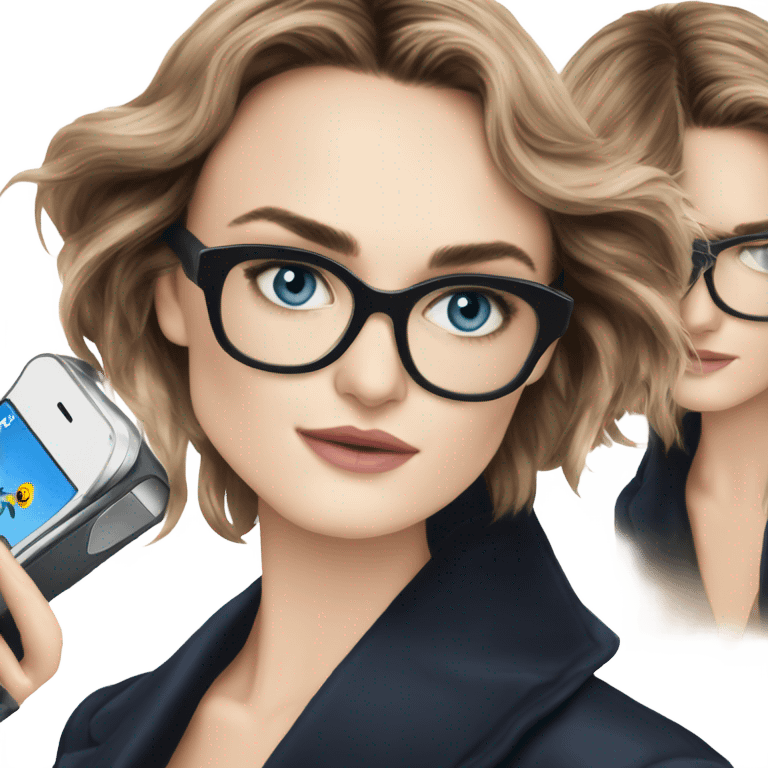 Photo of elegant Keira Knightly wearing black glasses and blue eyes holding on phone  emoji