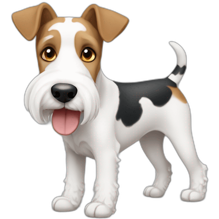 perro parecido a foxterrier con barbita, heterocromia, SOLO blanco y gris, ladrador emoji