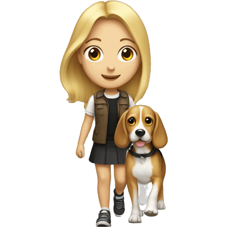 Blonde girl with long hair walking with a beagle emoji