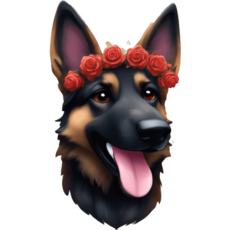 Bokeh Midnight starry night stars dark Brindled striped brindle black German shepherd fox carrying glowing red lantern, fairy lights, rose flower crown, bokeh lights, out of focus blur emoji