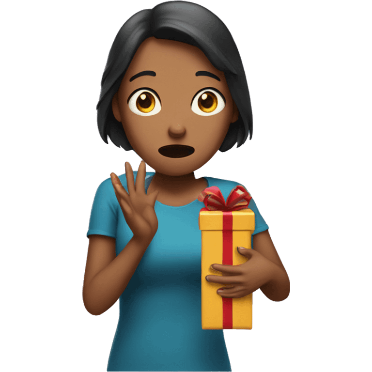 Scared woman holding a present with tears running down her face  emoji