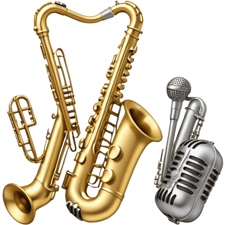 Create an artistic and dynamic emoji representing jazz vocal performance, featuring a vintage microphone as the central focus. Surround the microphone with traditional jazz instruments, such as a saxophone, trumpet, and upright bass, arranged in a harmonious, flowing design. Add musical notes and sound waves emanating from the microphone to symbolize the improvisational and expressive nature of jazz vocals. The instruments should have a polished, classic appearance with metallic gold and silver accents. Use rich colors like deep black, gold, and burgundy to evoke the sophisticated and soulful atmosphere of a jazz club. The background should be transparent. emoji