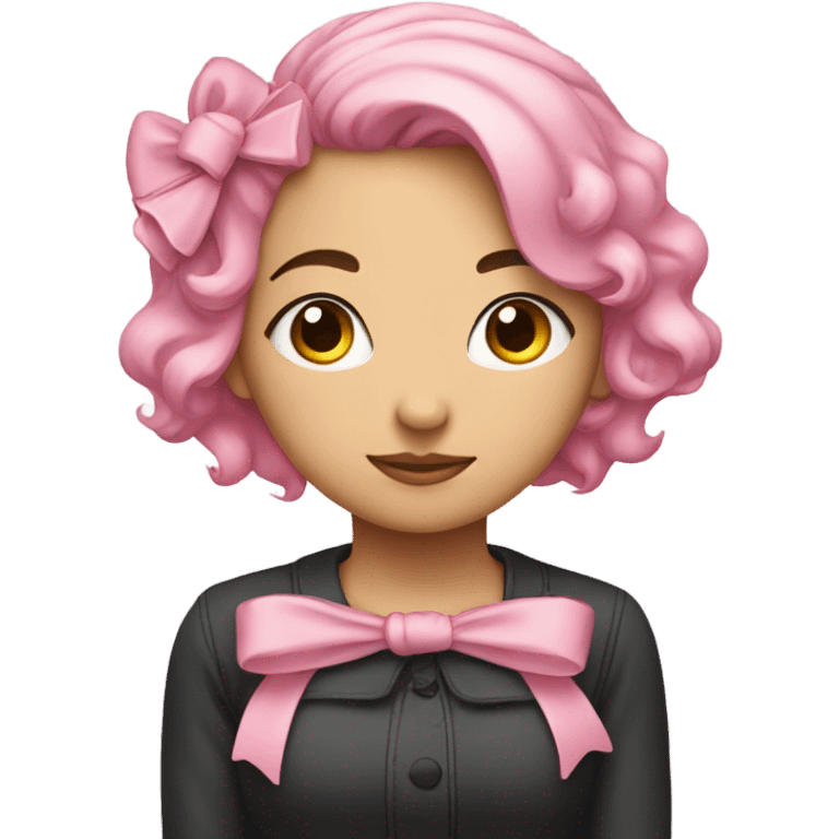 create a girl with pink hair and a bow. The girl should be hugging herself, the girl has her eyes covered and her head lowered sideways on her shoulder emoji