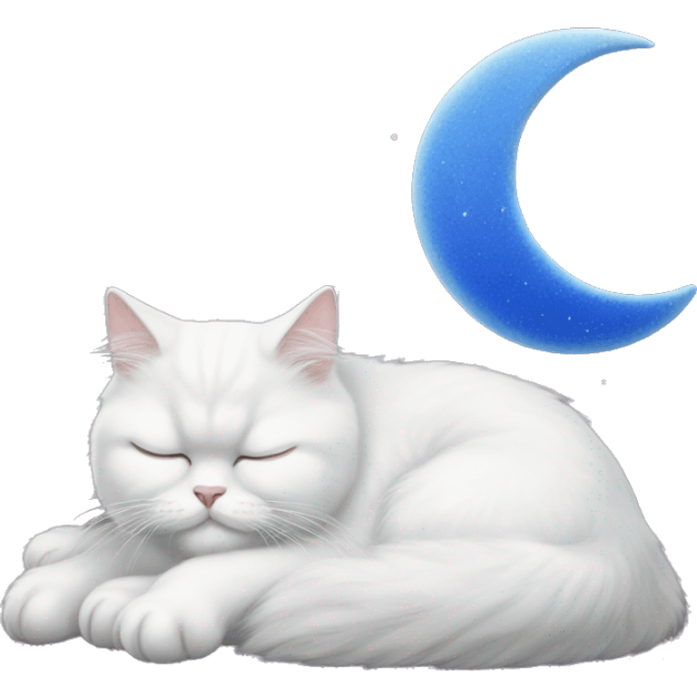 White Persian cat sleeping on blue crescent moon  emoji