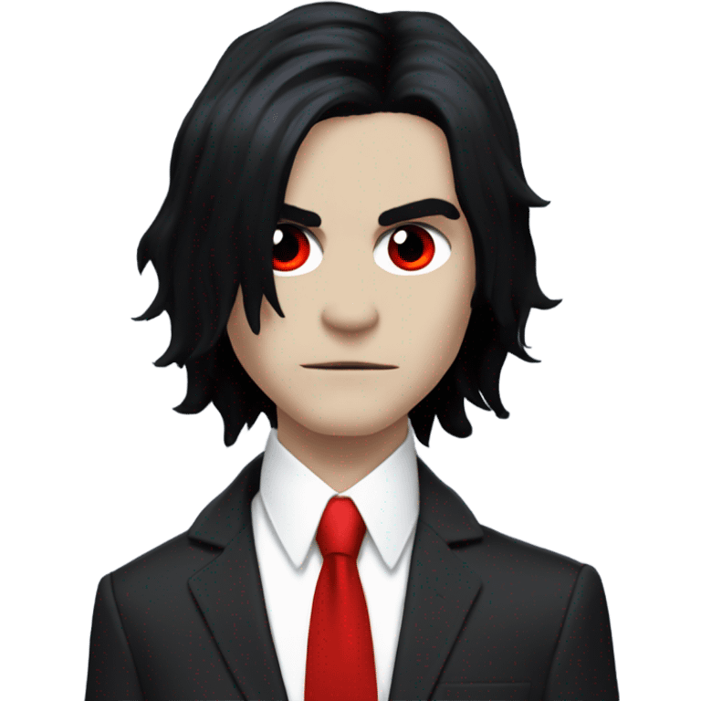 Gerard way with black hair that goes to his shoulder, red suit with a red tie, and red eye makeup, from the three cheers for sweet revenge era emoji