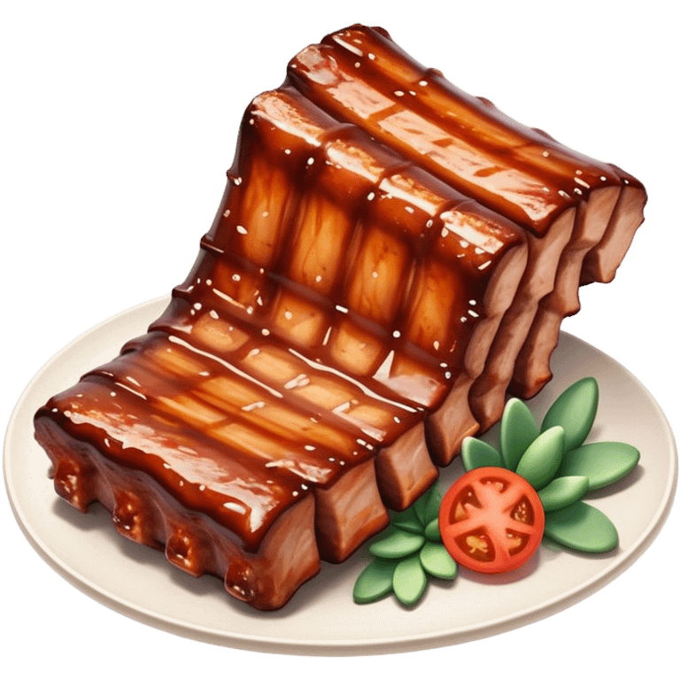 Cinematic Realistic Barbeque Ribs Dish Emoji, depicted as succulent, slow-cooked ribs with a sticky smoky glaze rendered with rich textures and dynamic, appetizing lighting. emoji