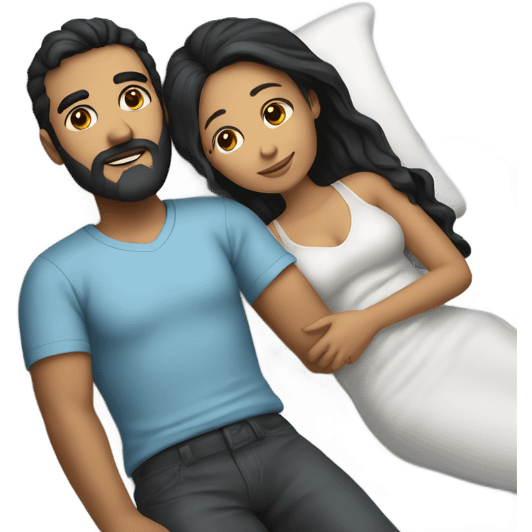 A couple cuddling in a bed. The man has white skin with a black and grey beard and black hair. The woman has white skin and brown hair with highlights. emoji