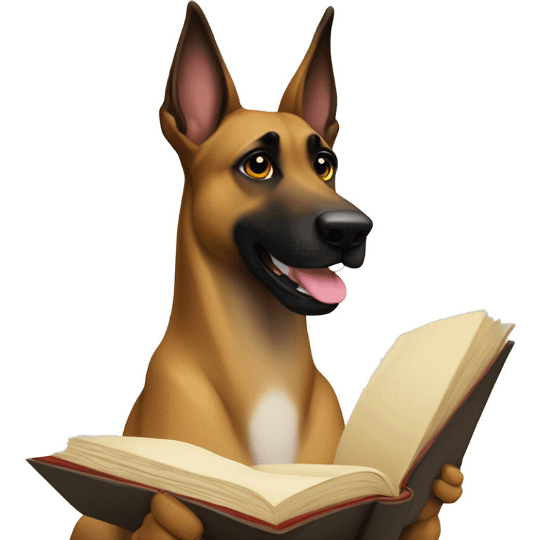 malinois prends des notes avec un livre emoji