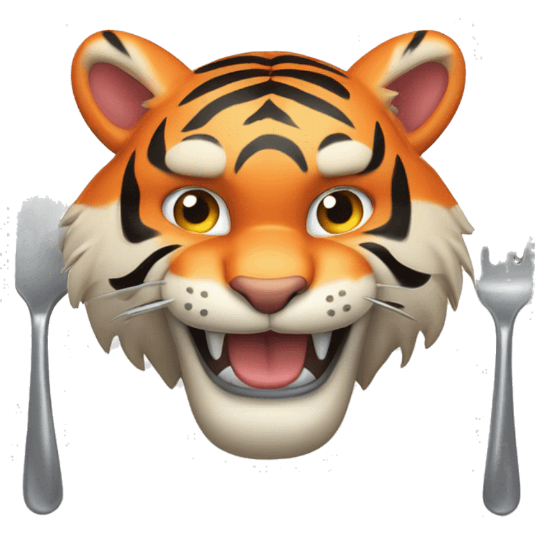 a muscular grinning tiger holding a fork poking into a fillet of salmon with the tip of its paws emoji