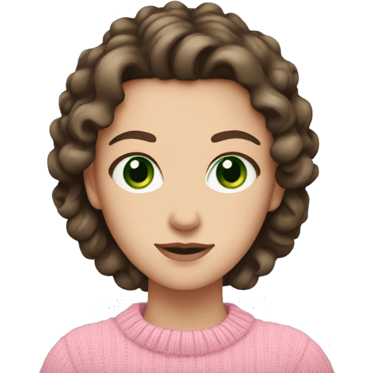 White girl with dark brown curled hair and green eyes and a pink sweater emoji