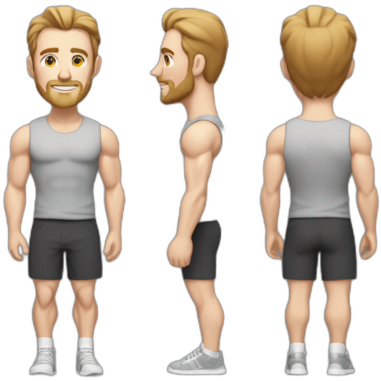 Full height Pale skinned muscular man With Realistic eyes and mouth, light brown hair and stubble In dark gray sleeveless mike, black oversize sports shorts, watch and white sneakers. emoji