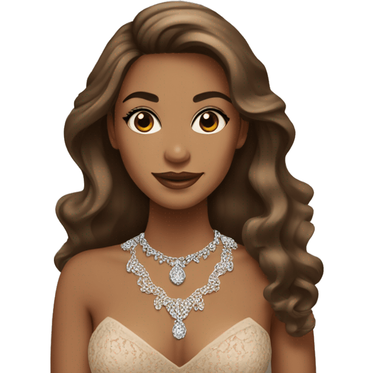 elegant brown skinned woman with long hair and diamond necklace and brown eyes with lashes and lace dress emoji