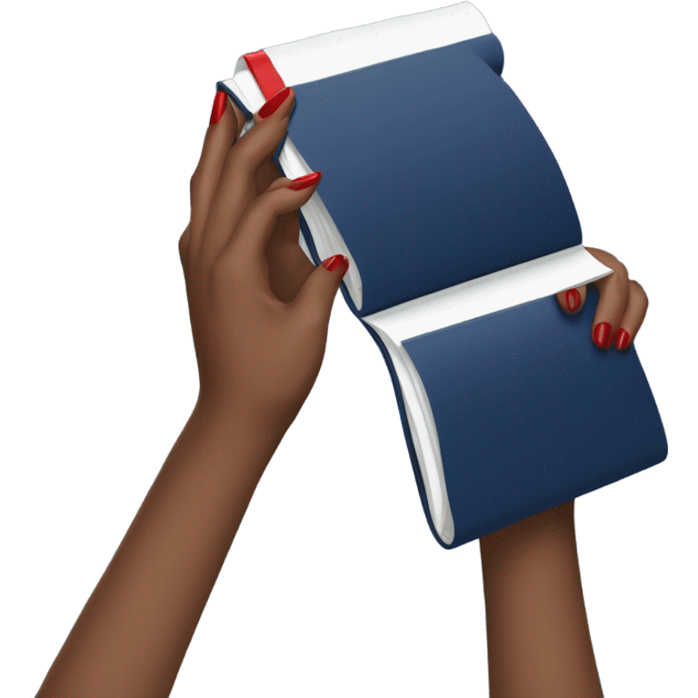 a female hand with a red manicure holds a dark blue notepad emoji