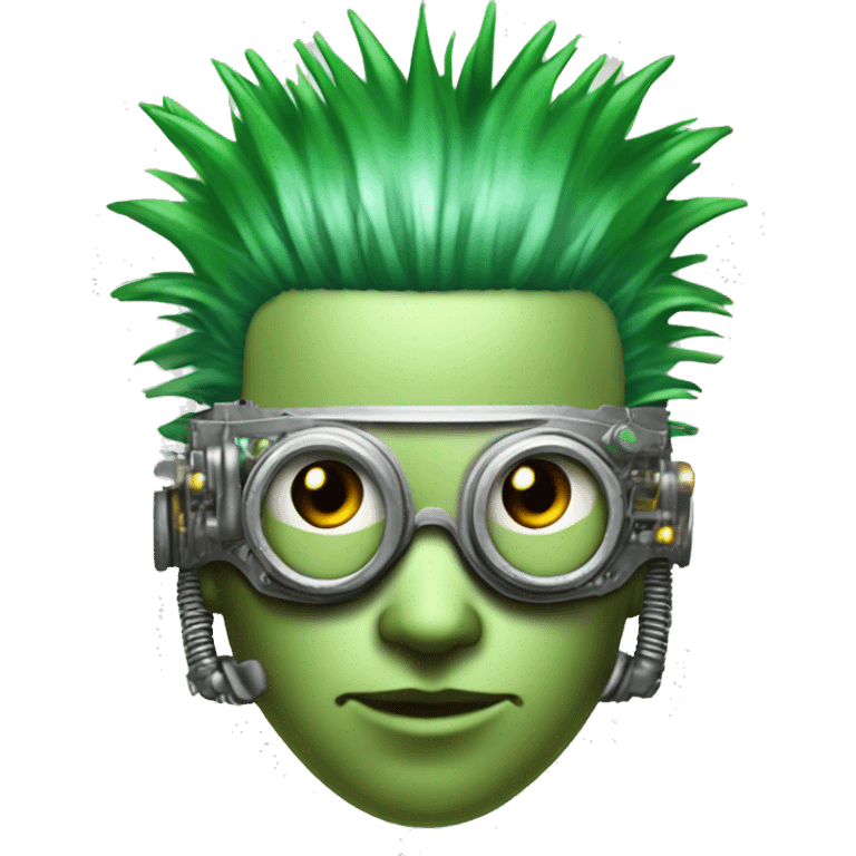 Green Mohawk hair male cyborg head with white steampunk goggles and circuits emoji