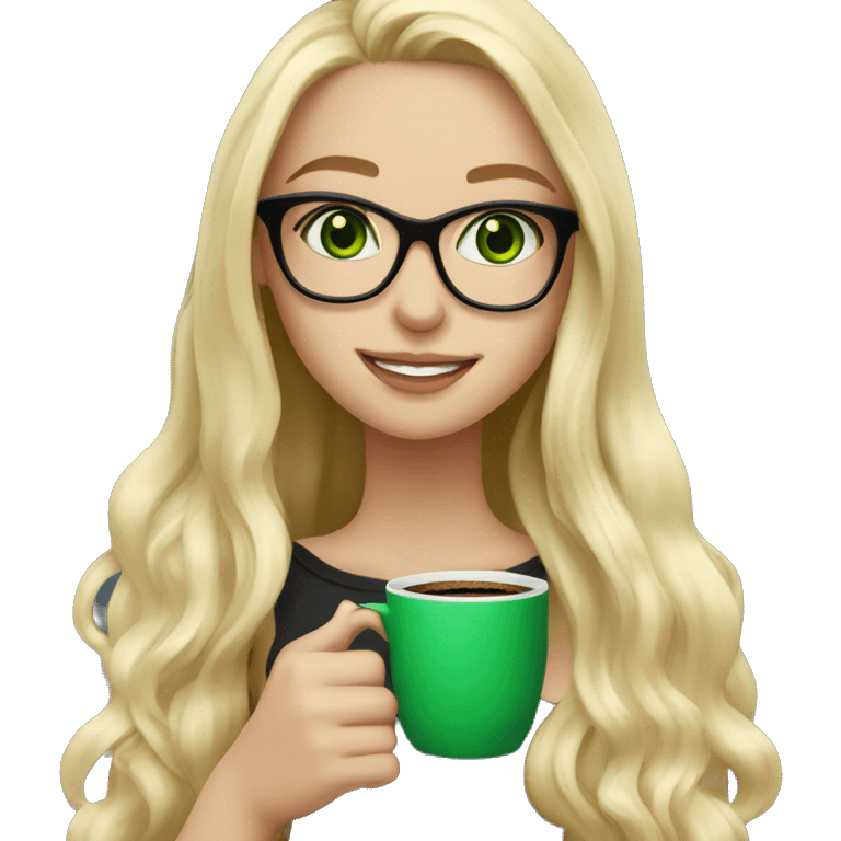 blond long hair girl with black framed glasses slavic face and green eyes smiling holding cup of coffee emoji