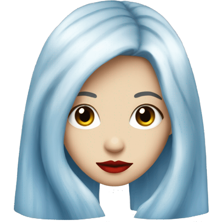 Long white and blue hair, red lips, high nose bridge, blue one piece emoji