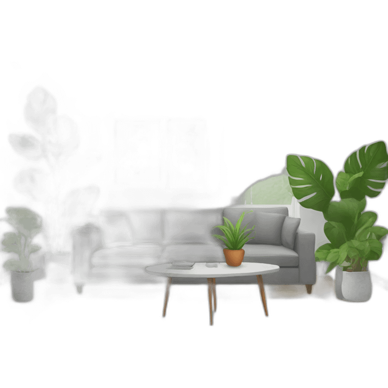 White living room with plants and a grey sofa emoji