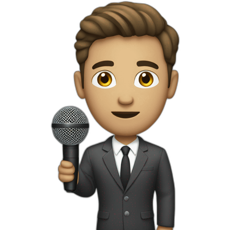 white journalist standing confidently while holding a microphone. The journalist should be in professional attire emoji