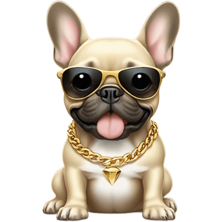 Beige French bulldog with a gold tooth and dark sunglasses wearing golden diamond chains emoji