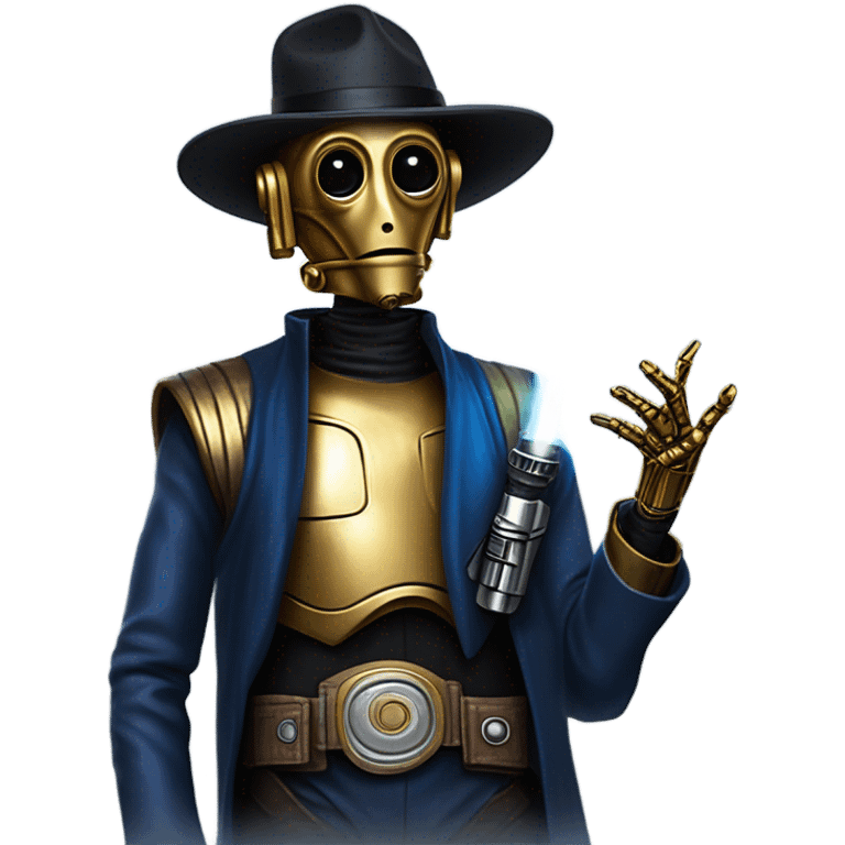 bounty hunter tarnished undercover tough well-equipped Jedi  life-sized darkblue-pearl C3po leather vest clothing pants and vest old west duster coat holding light saber sheriff emoji