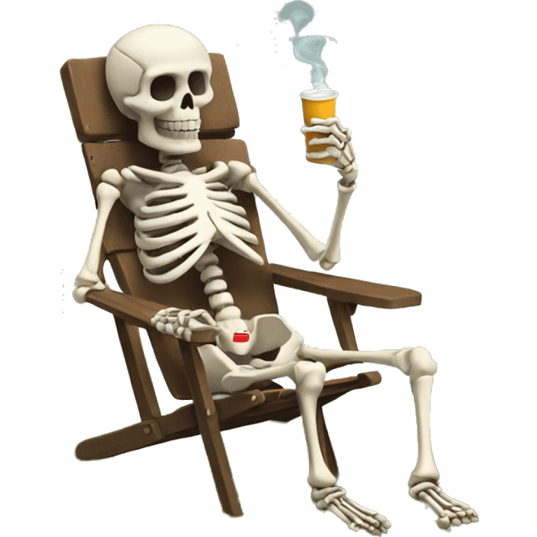 Skeleton sitting in a lawn chair with his legs crossed holding a cigarette in between his fingers emoji