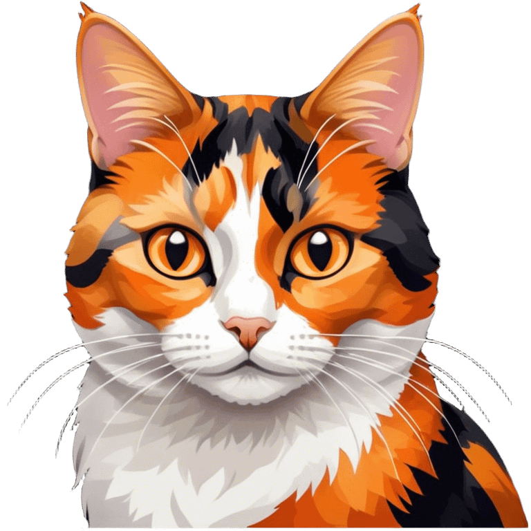 Cinematic Noble Calico Cat Portrait Emoji, Poised and regal, with a striking patchwork fur in vibrant orange, black, and white hues, delicate whiskers and a refined, focused gaze, simplified yet exquisitely detailed, glowing with a soft, moonlit radiance and an air of aristocratic elegance, high shine, exuding dignified intelligence and poised authority, soft glowing outline, capturing the essence of a watchful and noble calico cat that appears ready to grace the screen with effortless majesty! emoji