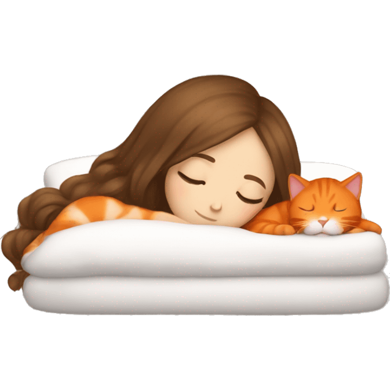 White girl brown hair sleeping with orange kitty emoji