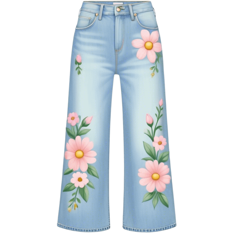 light wash denim wide leg jeans with pastel flowers painted on them emoji