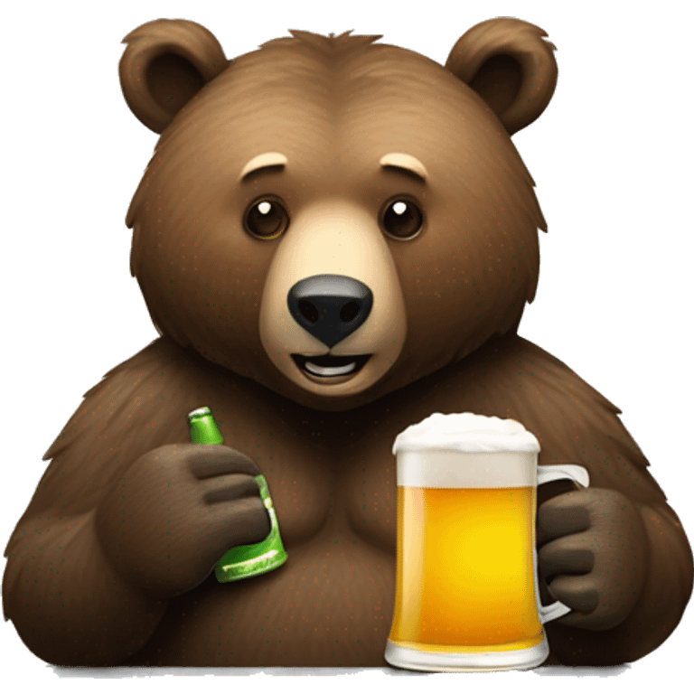 grizzly bear working on a mac laptop with a beer emoji