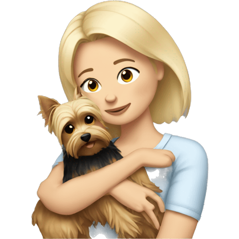 Blonde woman cuddling with Yorkie emoji