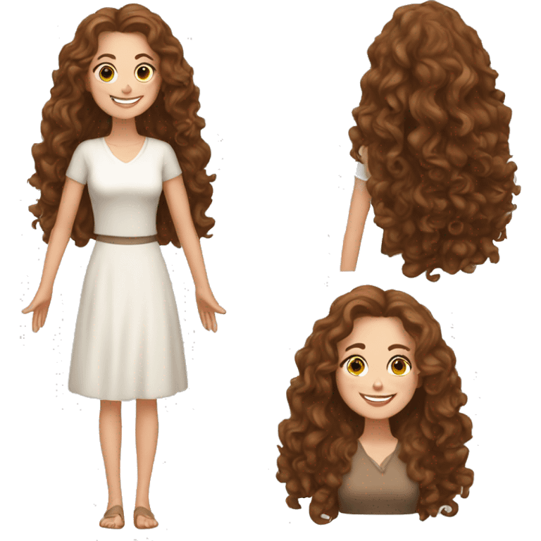 White woman, long brown curly hair, happy, say hello with sher hands emoji