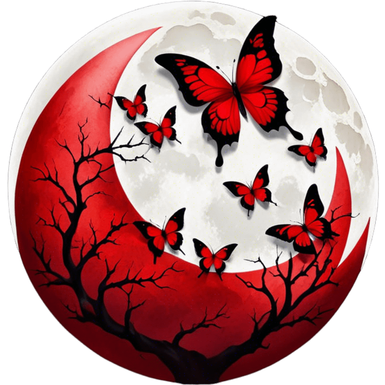 red Blood red moon, crimson butterflies with cracked porcelain red wings in gothic style emoji