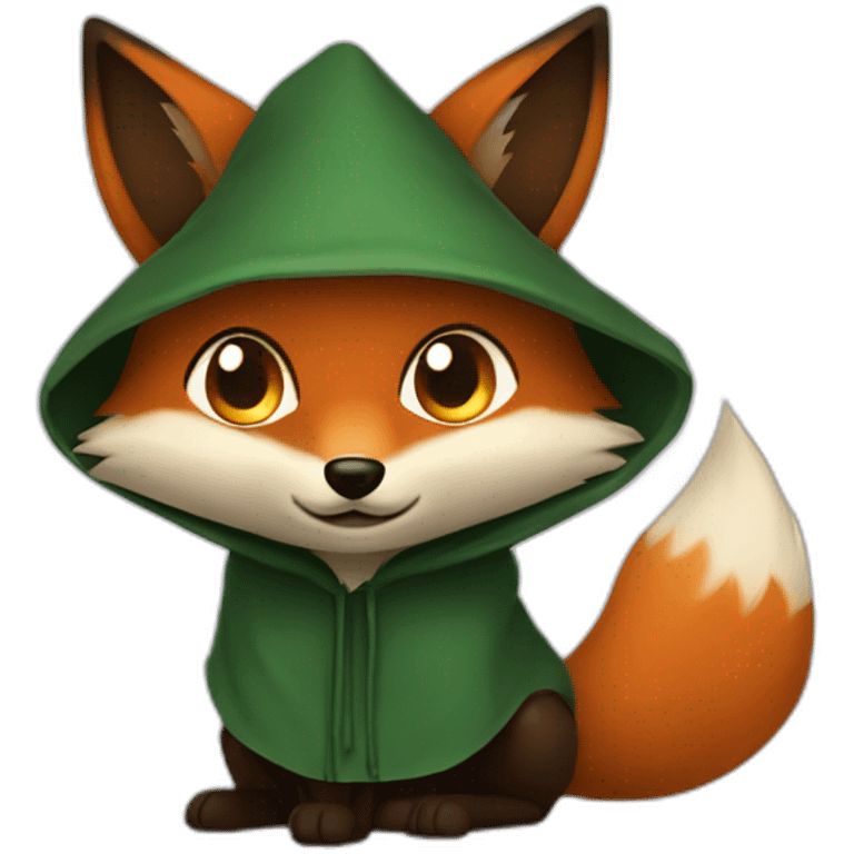 a small dark brown fox with orange eyes with a dark green hood that smile emoji