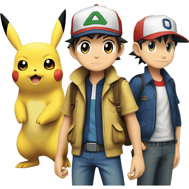 Detective pikachu with ash ketchum and the three kanto starter pokemon emoji