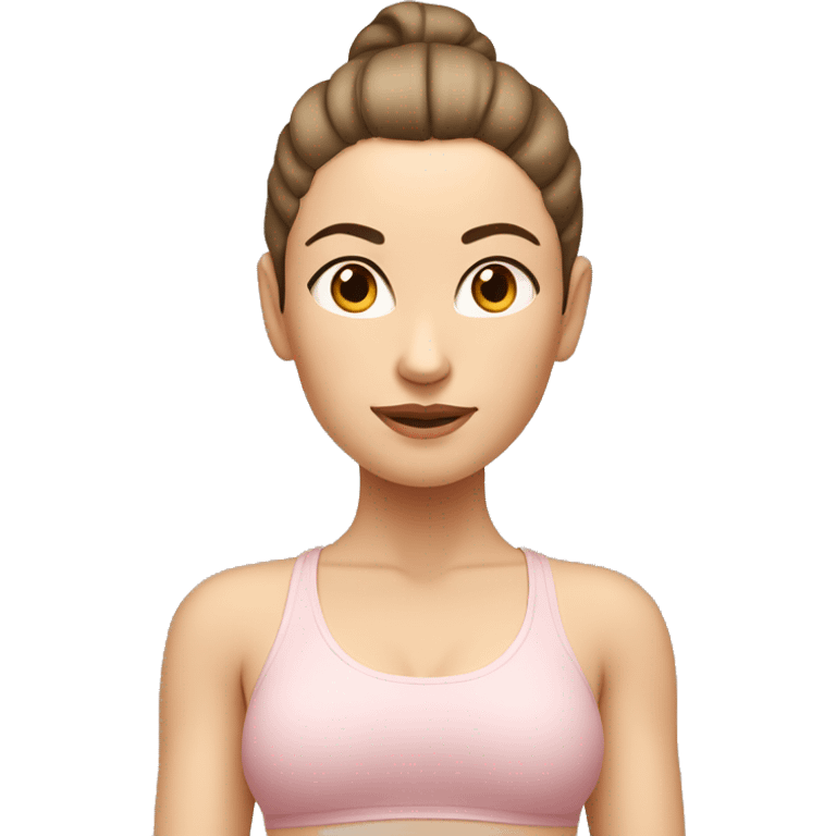 A White woman with brunette hair in a high ponytail doing yoga in beige and light pink emoji