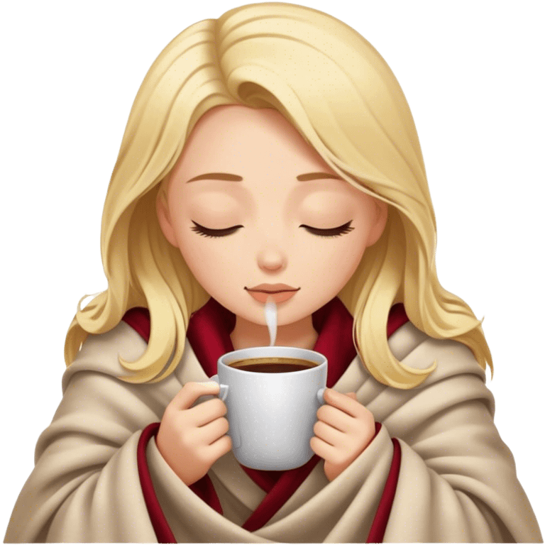 blonde girl inside a blanket sipping coffee eyes closed emoji