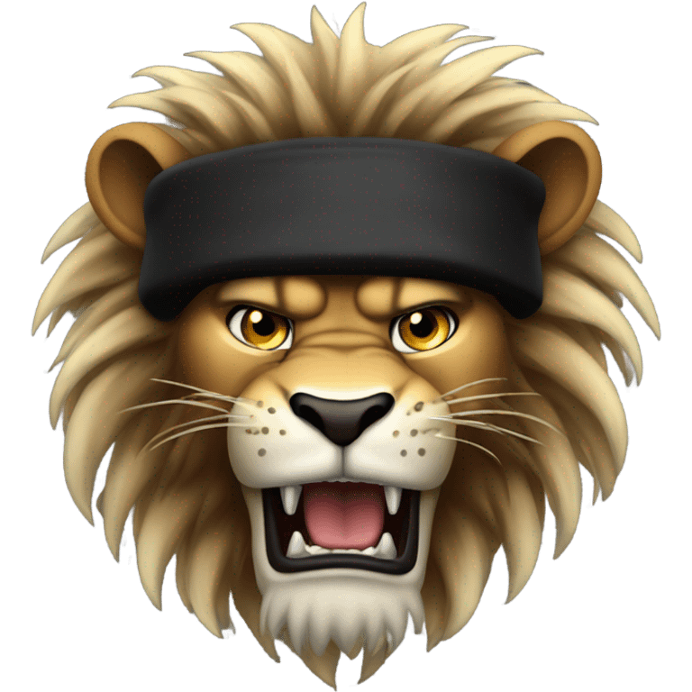 angry lion with metal claws and huge mane with black beanie hat emoji