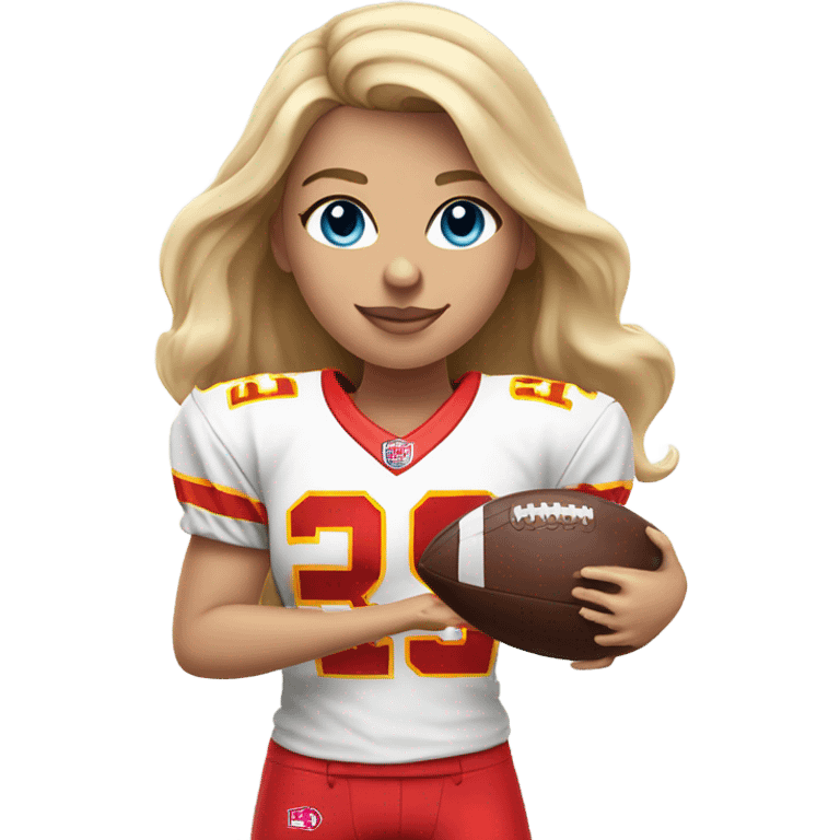 Blonde woman with blue eyes playing chiefs football emoji