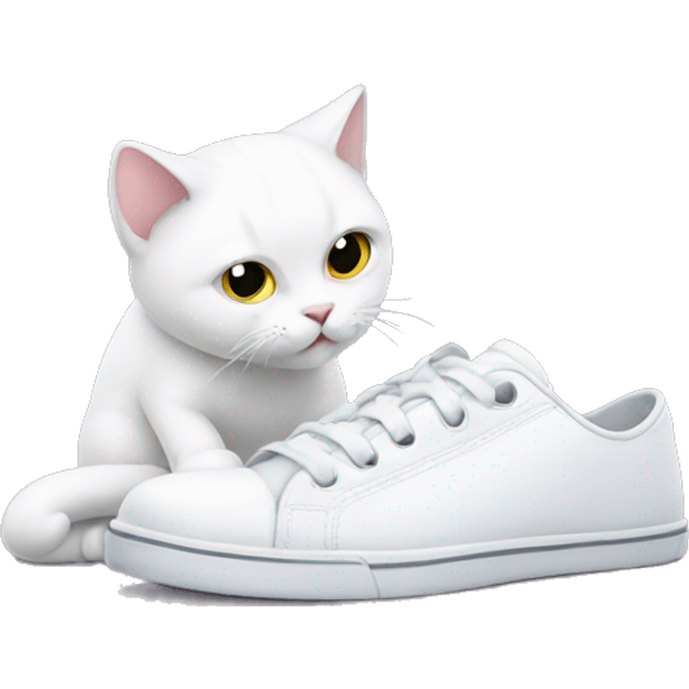 a white cat cleans shoes emoji