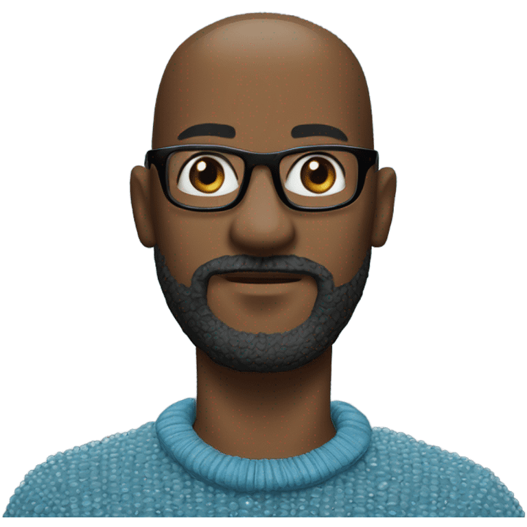 Bald Black man, black rim glasses, blue turtleneck, beaded black necklace, salt & pepper mustache and beard emoji