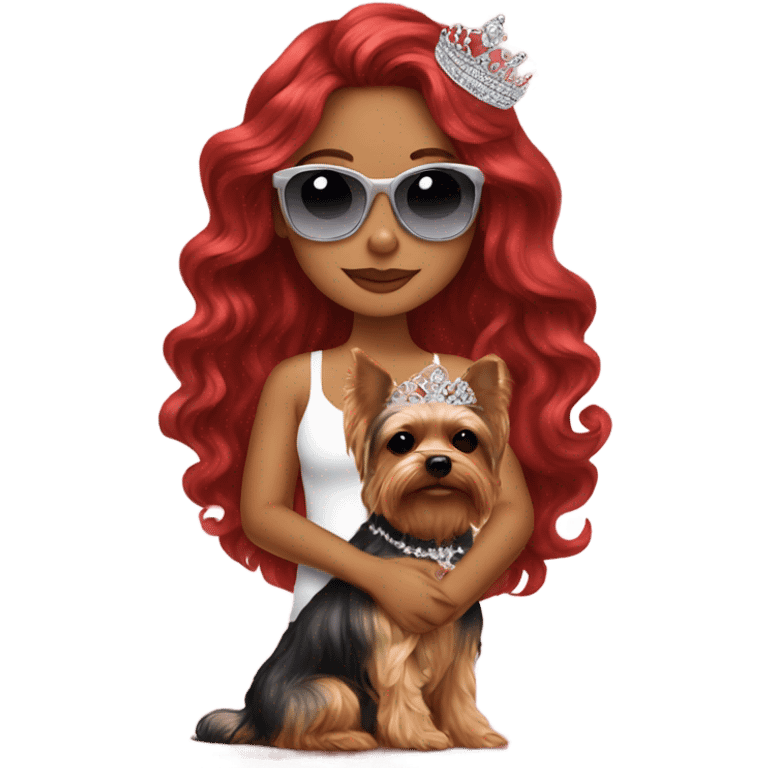 Latina girl red long wavy hair holding her Yorkie with her tiara and sunglasses  emoji