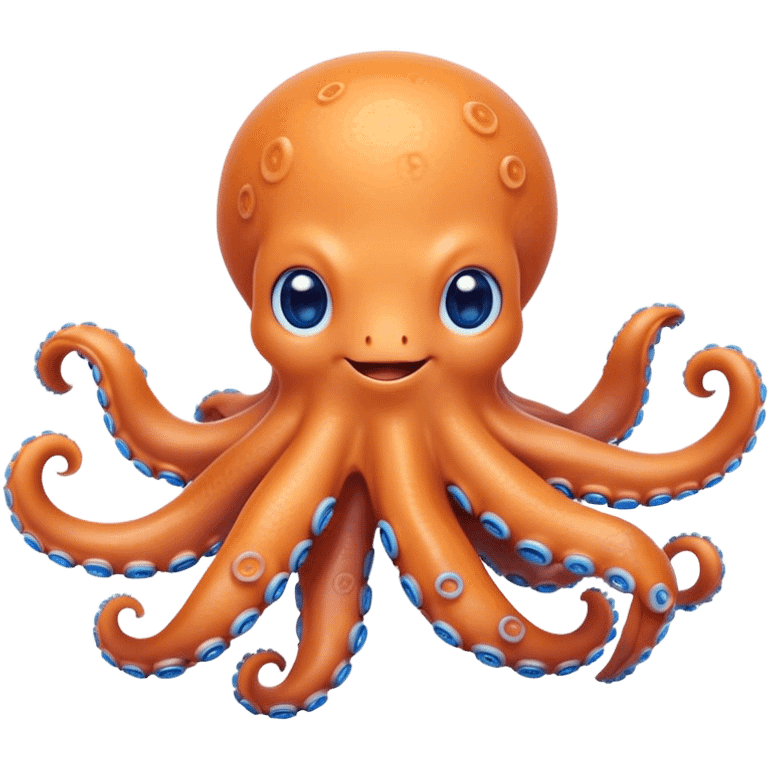 Cinematic Cute smiling Octopus Portrait Emoji, Head tilted playfully and inquisitively, featuring a rounded, light orange body embellished with playful blue rings, eight adorably curling arms, and big, twinkling eyes full of wonder, Simplified yet irresistibly adorable features, highly detailed, glowing with a warm, inviting underwater glow, high shine, affectionate and lively, stylized with a touch of whimsical cartoon charm, soft glowing outline, capturing the essence of a mischievous yet loving octopus that seems as if it could bob out of the screen into your arms! emoji