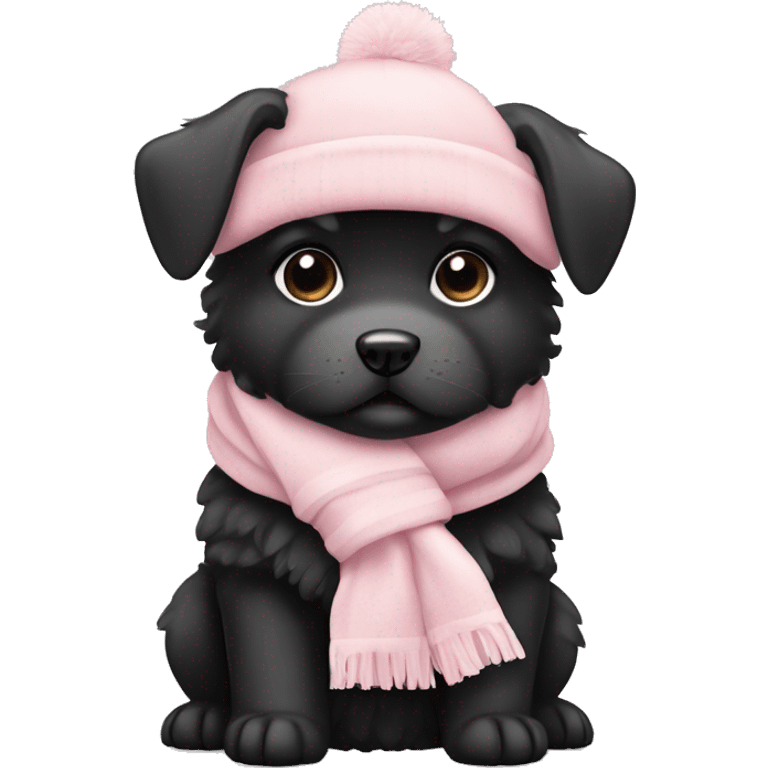 fluffy chubby black puppy with pale pink winter hat pale pink scarf emoji