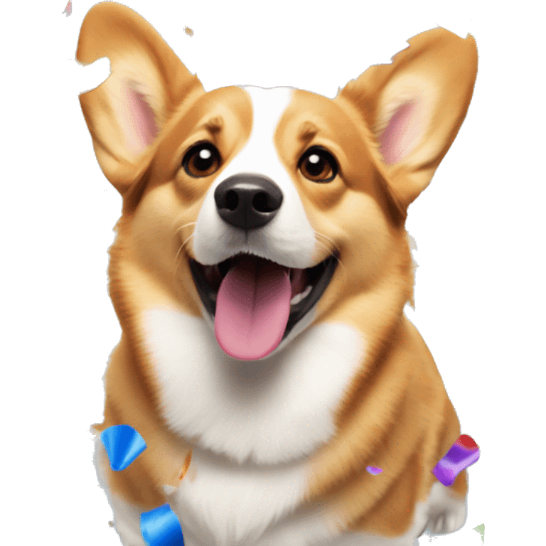 a corgi dog celebrating with a lot of colorful confetti around it emoji